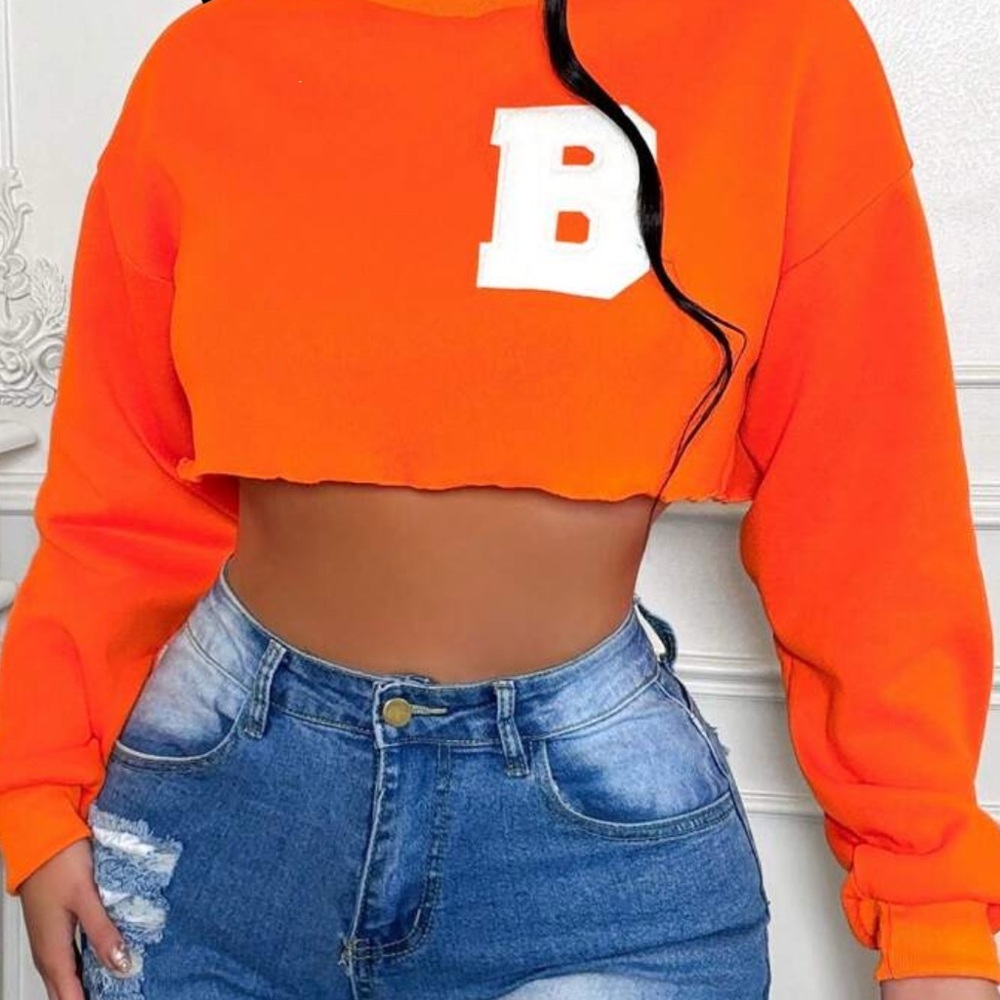 Bold Orange Cropped Hoodie with Letter Detail